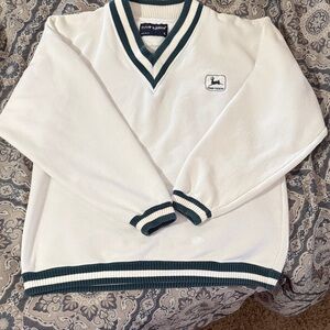 White V-Neck Sweater with Green Accents - John Deere logo